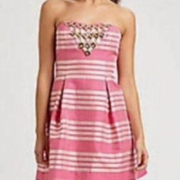 Lilly Pulitzer Size 0 Sami-Ryan Dress Pink Metallic Stripe Strapless - Picture 3 of 11